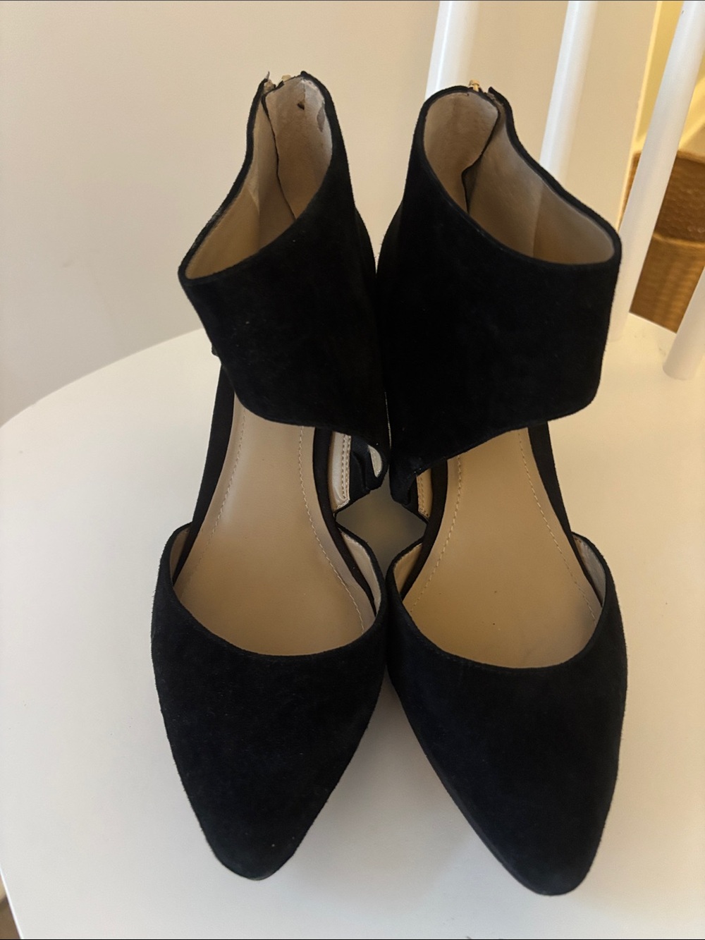 BCBG Black Suede Pointed Toe Ankle Strap Wedge Heels - NWOT